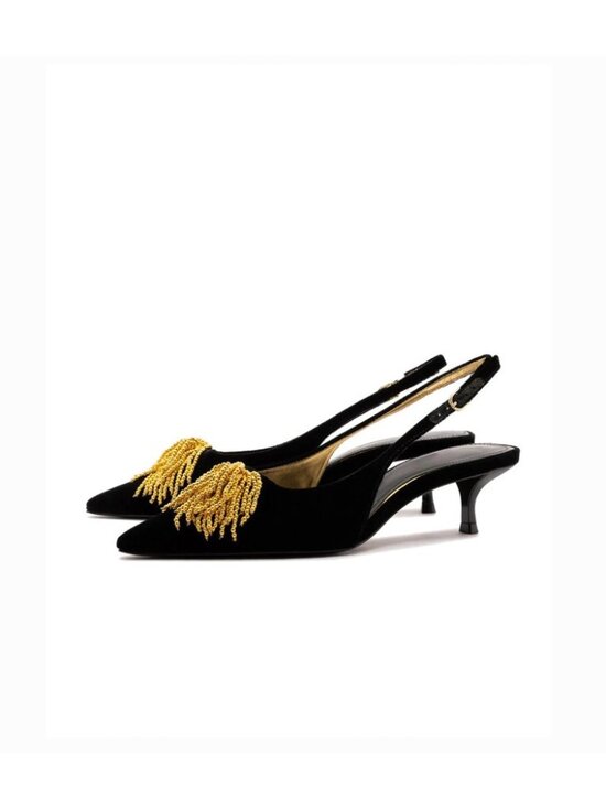 Larroude Shoes - Larroude Angelica Hicks Shoes Womens Size 7.5 Black Suede Beaded Slingback Heels